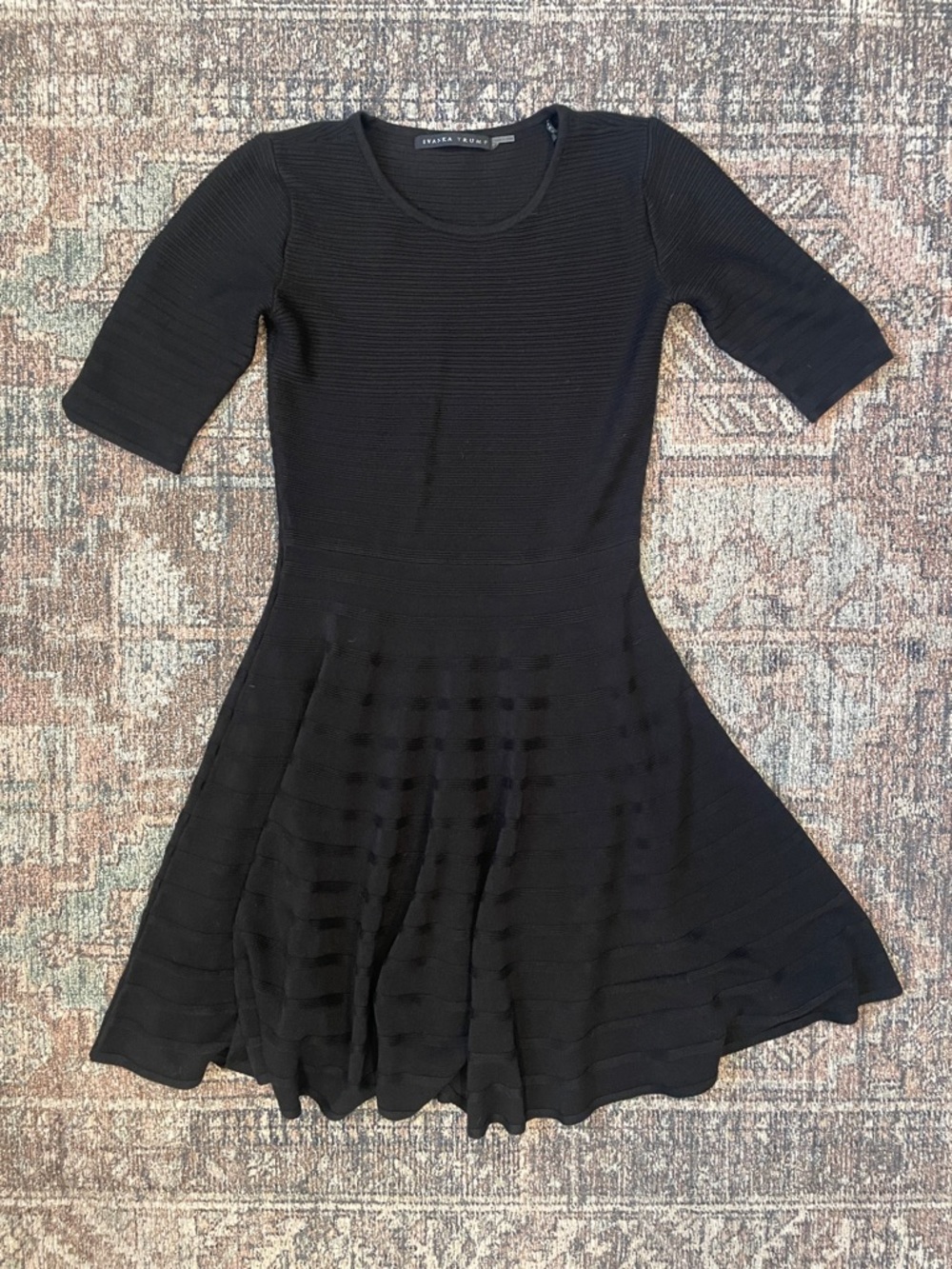 Black Knit Midi Dress Size S 3/4 Sleeve A-Line Fit Flare Work Office Classic